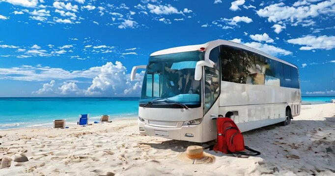 Travelling bus on the beach driving along the road by the sea. Camping, road trip, bus tour, tourists transportation and summer holiday trip concept. tropical landscape