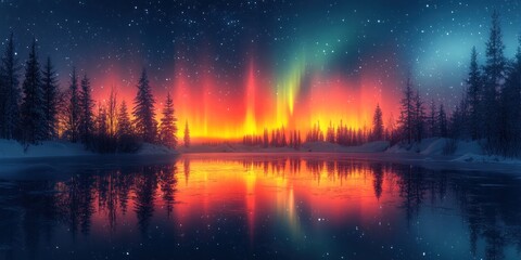 Aurora Borealis over Frozen Lake and Snowy Forest