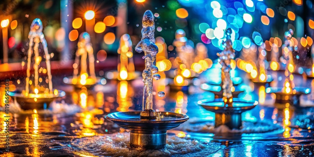 Poster realistic water fountains: sparkling bokeh effect, high-resolution images for design projects