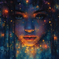 Digital Painting of Woman's Face and Illuminated Forest