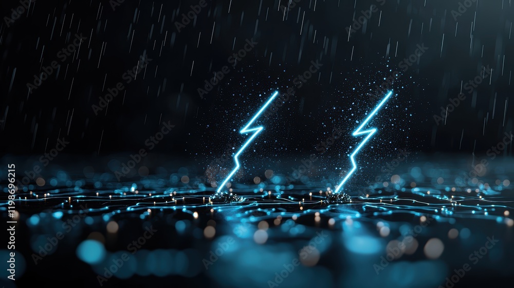Poster digital lightning strikes: abstract representation of digital lightning bolts within a computer netw