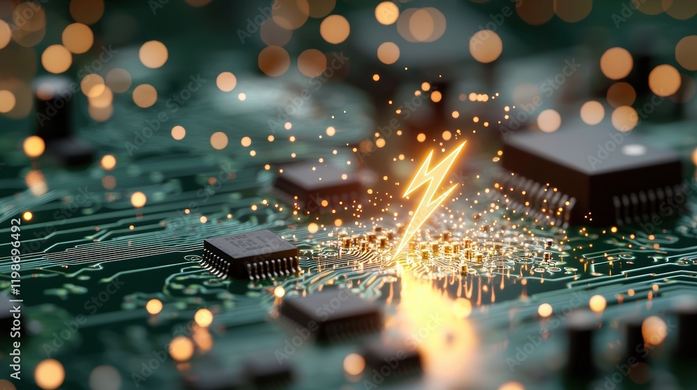 Poster lightning bolt integrated into circuit boards: close up of a microchip with a miniature lightning bo