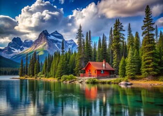 Fototapeta premium Red Cabin by Maligne Lake, Jasper National Park, Alberta, Canada - Stunning Landscape Photography