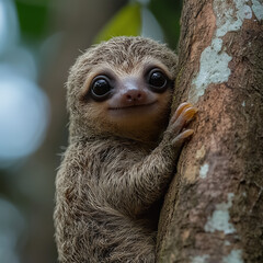 Baby Sloth on Tree Trunk