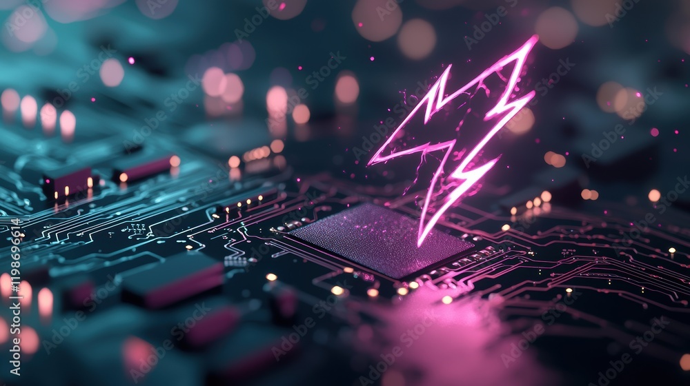Poster lightning bolt integrated into circuit boards: a futuristic circuit board with holographic lightning