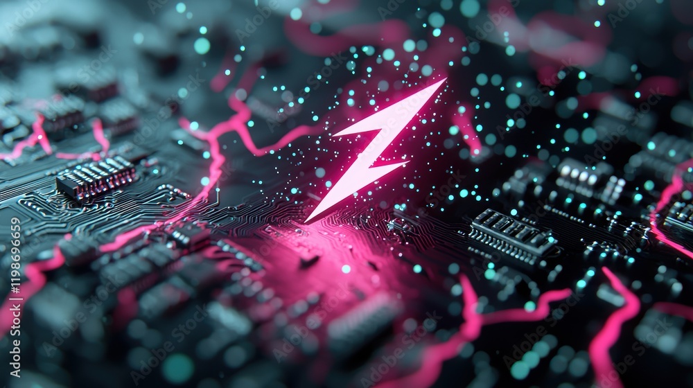 Poster lightning bolt integrated into circuit boards: a technician repairing a circuit board with a lightni