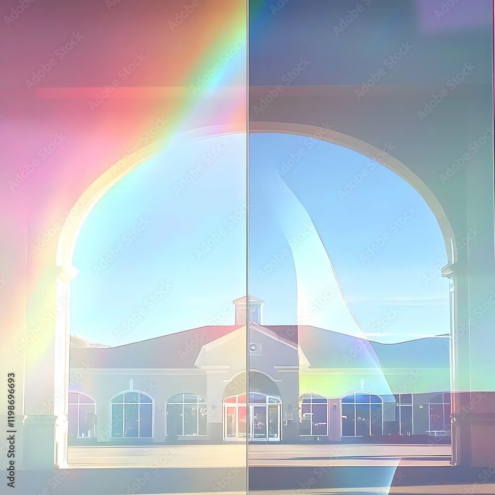 Poster abstract illustration of a building viewed through arched openings with rainbow light effects.