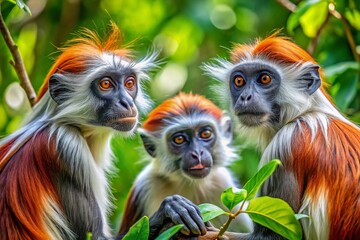 Fototapeta premium Red Colobus Monkeys in Bigilo Forest Park, Gambia: Majestic Primates in Their Natural Habitat