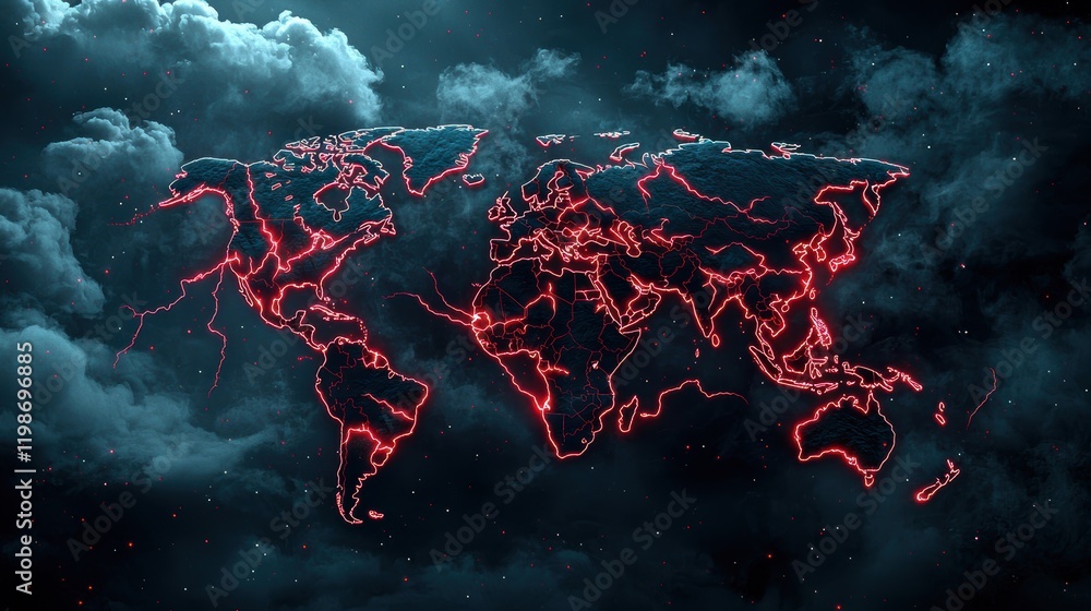 Poster lightning bolts on a global network map: a stylized world map with lightning bolts connecting major 
