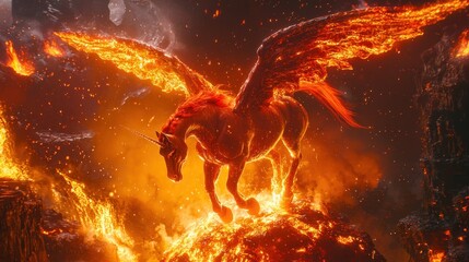 Fiery unicorn with wings emerges from volcanic flames.