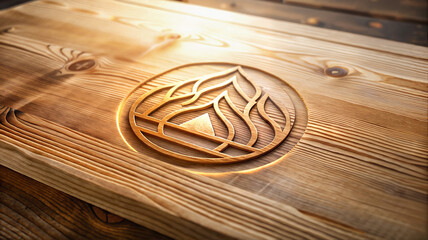 Wooden surface with engraved logo design