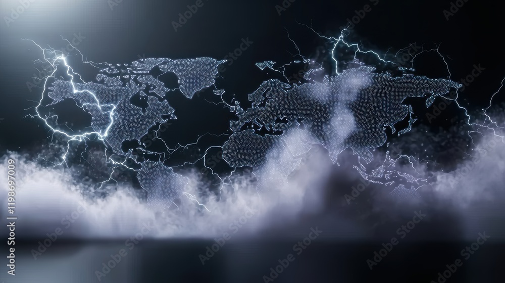 Poster lightning bolts on a global network map: a world map with lightning bolts originating from a central