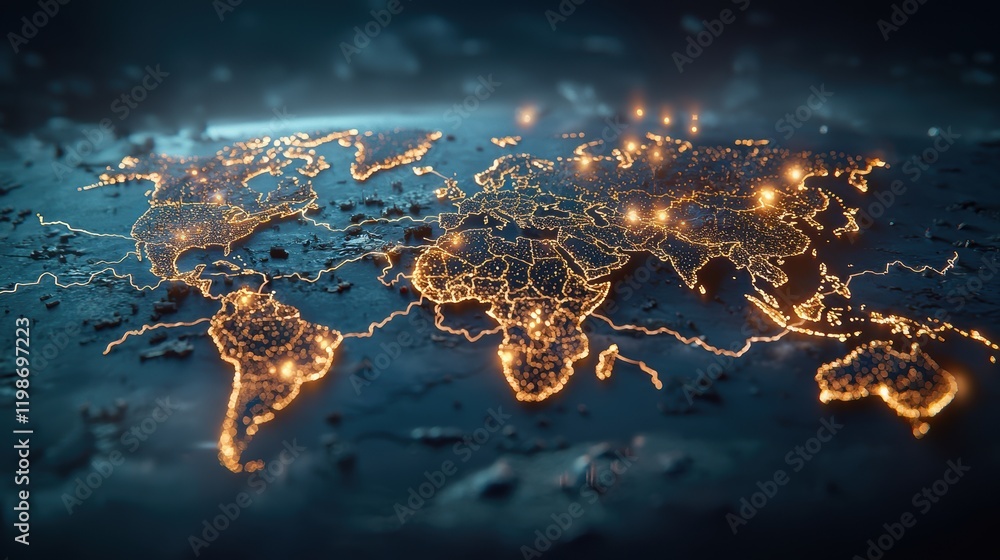 Poster lightning bolts on a global network map: a world map with lightning bolts forming a network around s