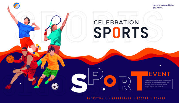 National sports day celebration design featuring illustrations of basketball, soccer, volleyball, and tennis athletes on a sporty background. Can be used for banners, web, etc. Sports day concept