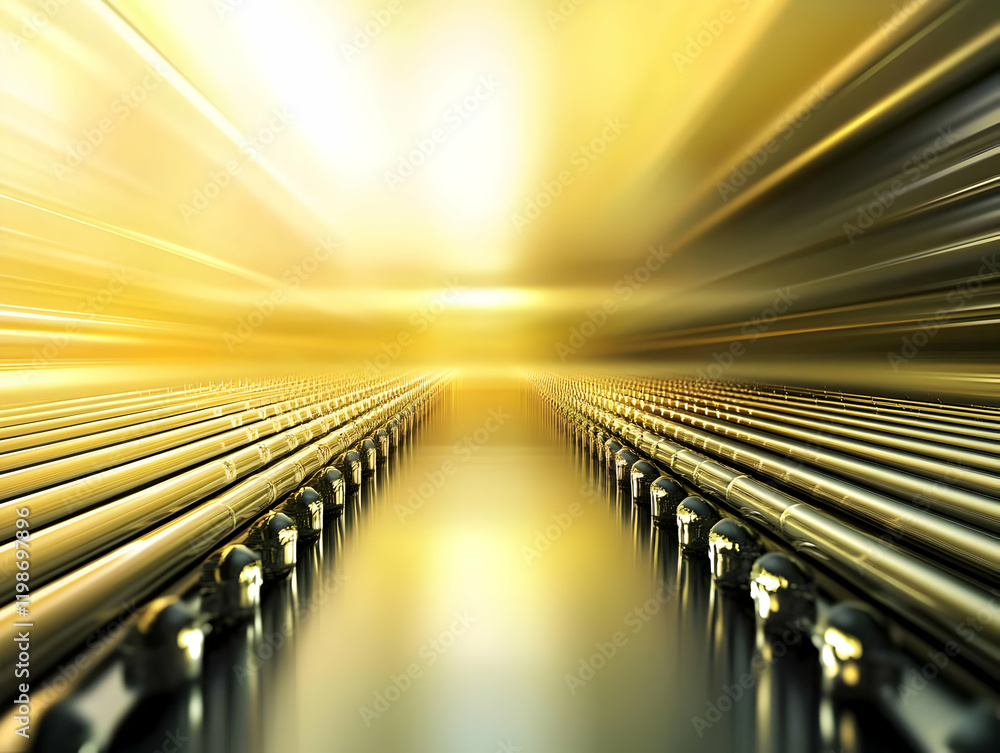 Poster golden pipes form a corridor with light rays shining through the center of the image