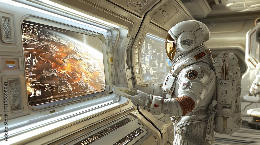 Poster an astronaut observes an explosion in space through a window, surrounded by a futuristic spacecraft 