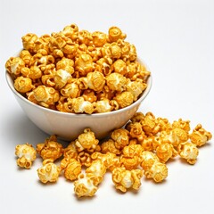 delicious caramel popcorn spilled out of a white bowl on a white background