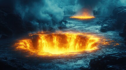 Majestic volcanic landscape with glowing lava pits and steam rising in a dramatic, atmospheric scene