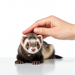 cute brown and white ferret with hand petting on white background