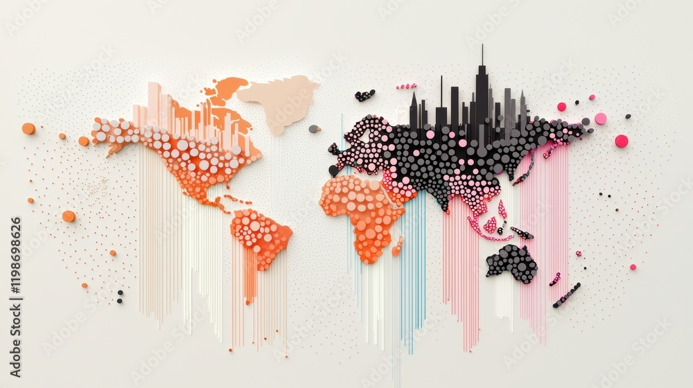 Aufkleber dotted world maps: a dotted world map with color coded dots representing different variables, illust