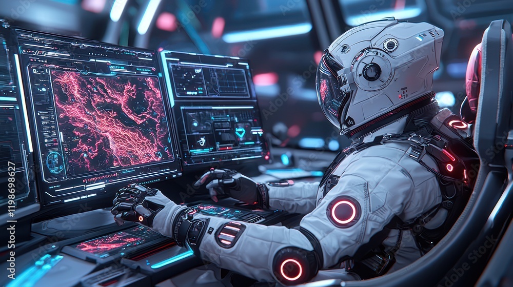 Aufkleber a futuristic astronaut operates advanced technology in a high-tech control room, illuminated by vibr