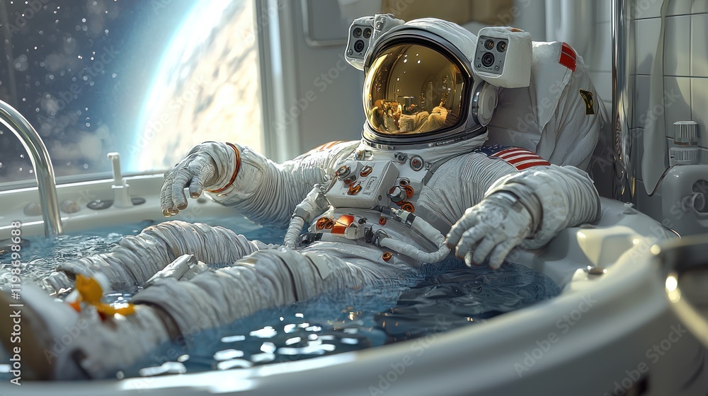 Aufkleber an astronaut relaxes in a futuristic bath, floating in water with a view of space through a large wi