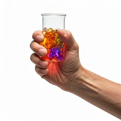 close up of a hand holding a glass of liquid with colorful ice cubes