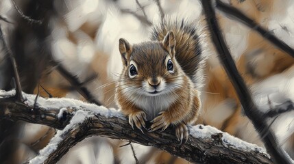 Cute squirrel perched on snowy branch.