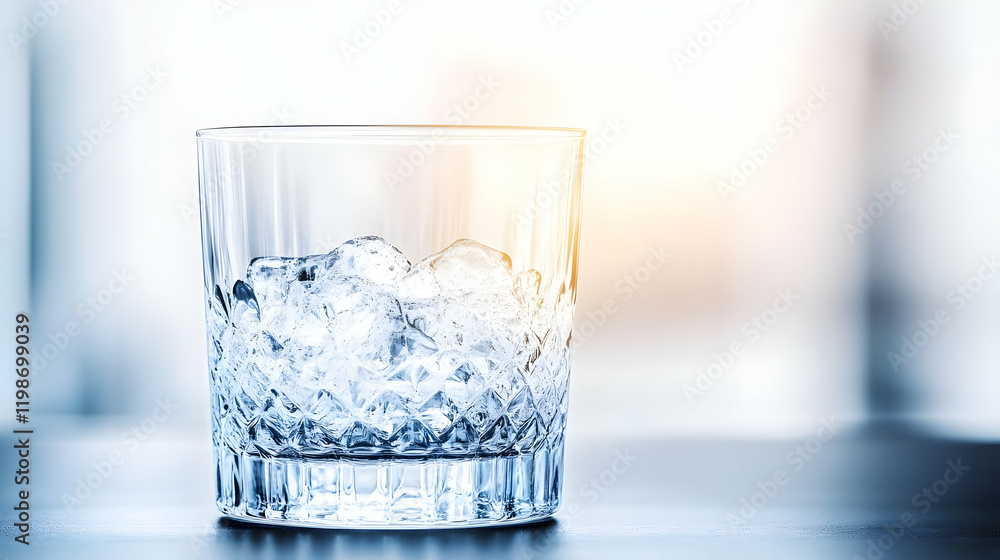 Poster crystal glass holds ice cubes on table with softly lit background in refreshing photo.