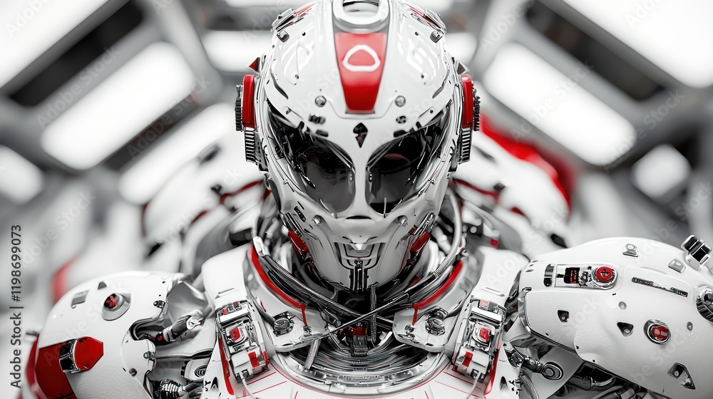 Poster a futuristic humanoid robot with sleek design and intricate details, featuring a metallic frame and 