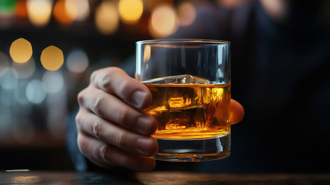 Alone depressed drunk man in a bar with drinks. Treatment of alcohol addiction, suffer abuse problem alcoholism.