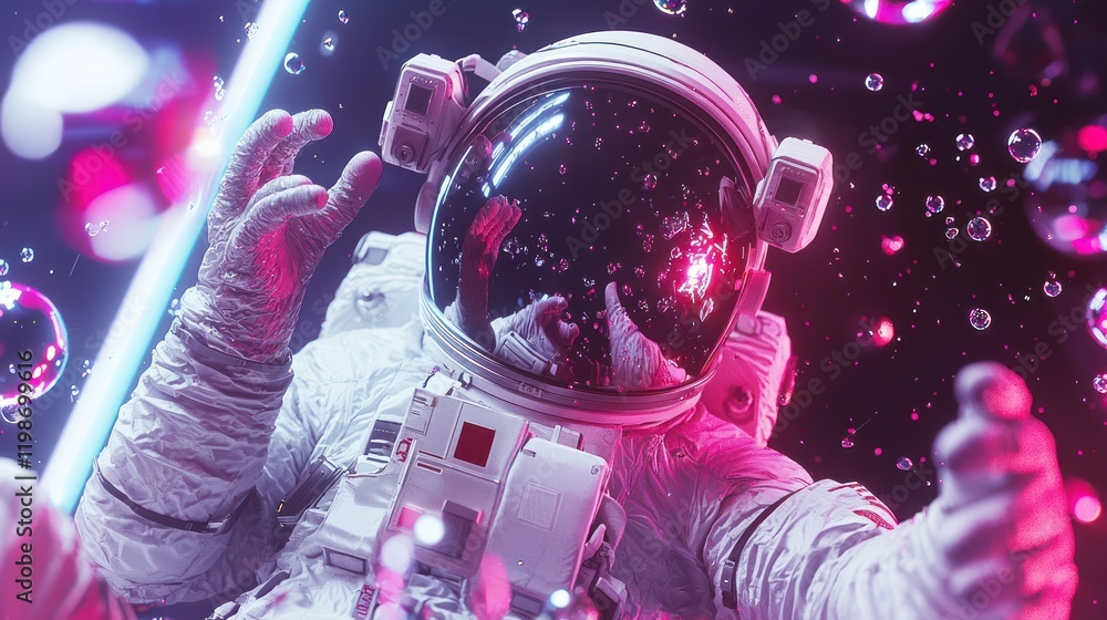 Aufkleber a vibrant astronaut floating in space, surrounded by bubbles and colorful lighting, creating a surre