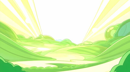 Obraz premium Whimsical Green Valley Landscape Illustration with Rolling Hills and Sun Rays Beautifully Illuminated Path.