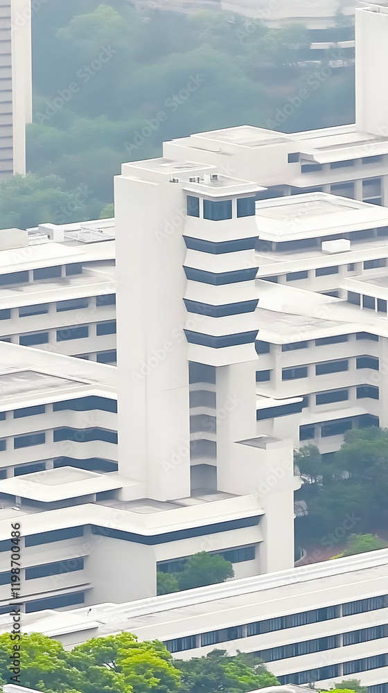 Poster white modern building with architectural details and green trees in background from high angle view