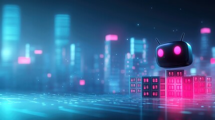 Chatbot Icon: A futuristic cityscape with chatbot icons floating above buildings, representing smart city technology, automated services, and AI integration.