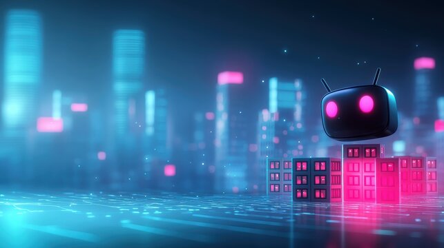 Chatbot Icon: A futuristic cityscape with chatbot icons floating above buildings, representing smart city technology, automated services, and AI integration.