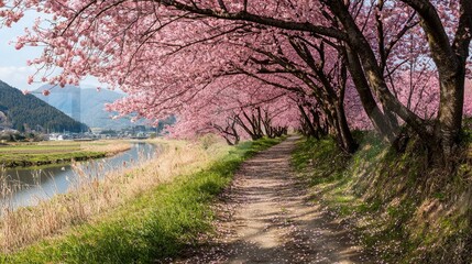 Obraz premium A row of Japanese cherry blossom trees along a quiet path, creating a beautiful pink tunnel.