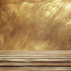 Empty Wooden Table Top with Golden Textured Background Creates Elegant Space.