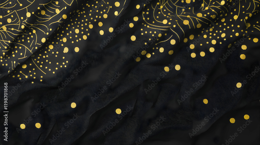 Poster black fabric with gold dots and lines design drapes elegantly and smoothly across the frame.