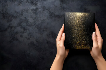 Hands Holding a Black Card Decorated with Gold Glitter on a Textured Black Background