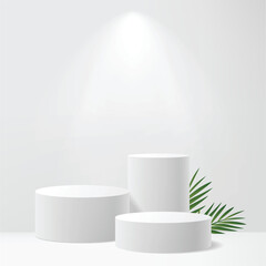 Modern Minimalist White Pedestal Display with Tropical Palm Leaf. Vector