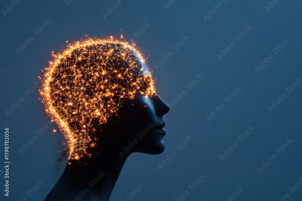 Poster silhouette of a person's head with a network of glowing lines and dots representing artificial intel