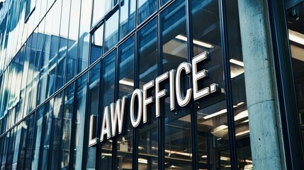 Modern law firm exterior: Glass facade with large bold letters spelling "LAW OFFICE." Professional, sleek, contemporary, legal.