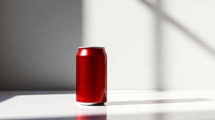 Red can resting on a white surface