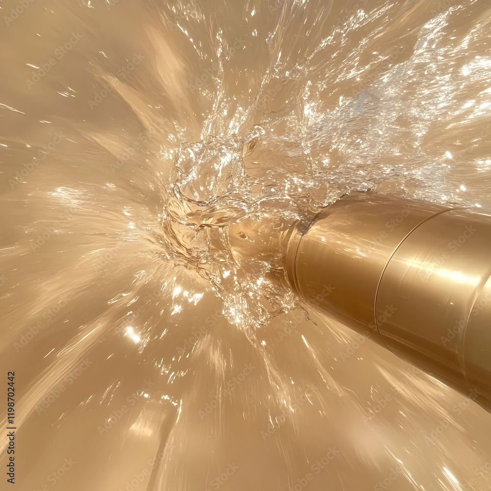 Poster golden liquid splashes dynamically from tube creating an abstract background