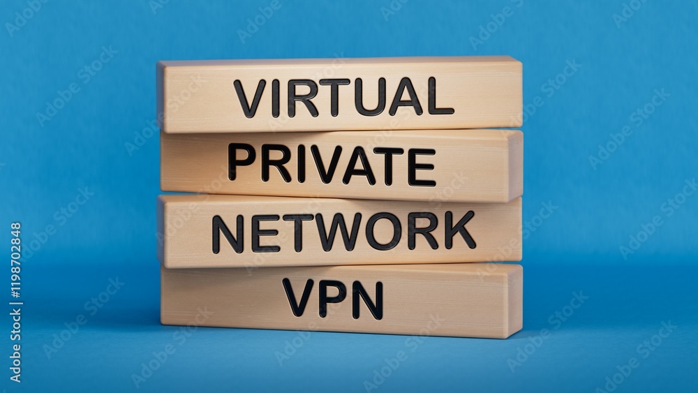 Poster vpn - virtual private network. wooden cubes with word vpn.business and vpn concept. wooden cube bloc