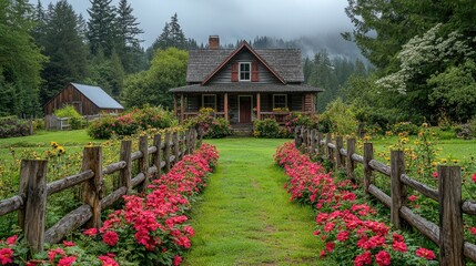 Charming cottage surrounded by vibrant flowers and lush greenery in a serene rural landscape