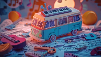 Musical van surrounded by instruments and sheet music.