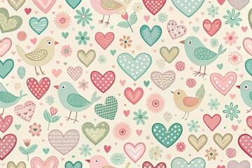 Romantic Bird and Heart Pattern Background - Copy Space for Text