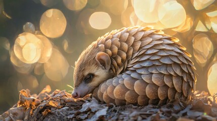 Obraz premium Pangolin curled in leaves at sunset.